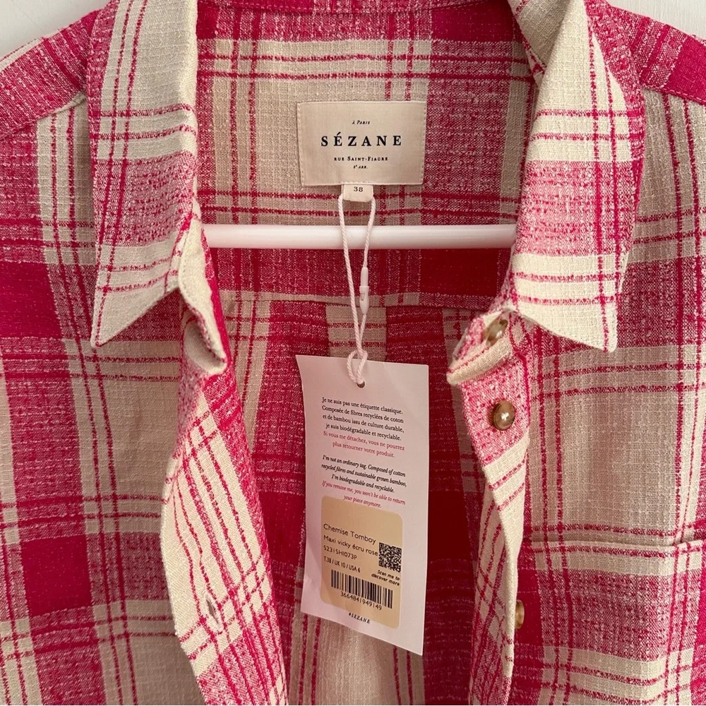 Sezane Tomboy Button-Up Shirt Plaid Pink White Maxi Check Sz 6 NWT Linen Blend - Picture 5 of 11